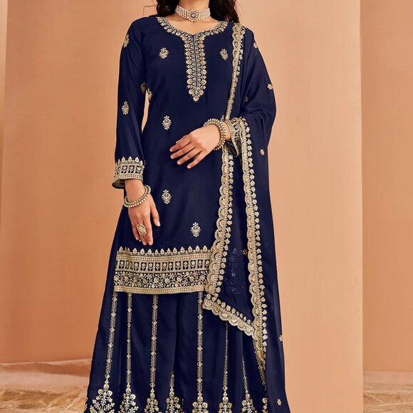 Regal Charm Navy Blue Pakistani Zari Embroidered Faux Georgette Festive Palazzo - Picture 3 of 5